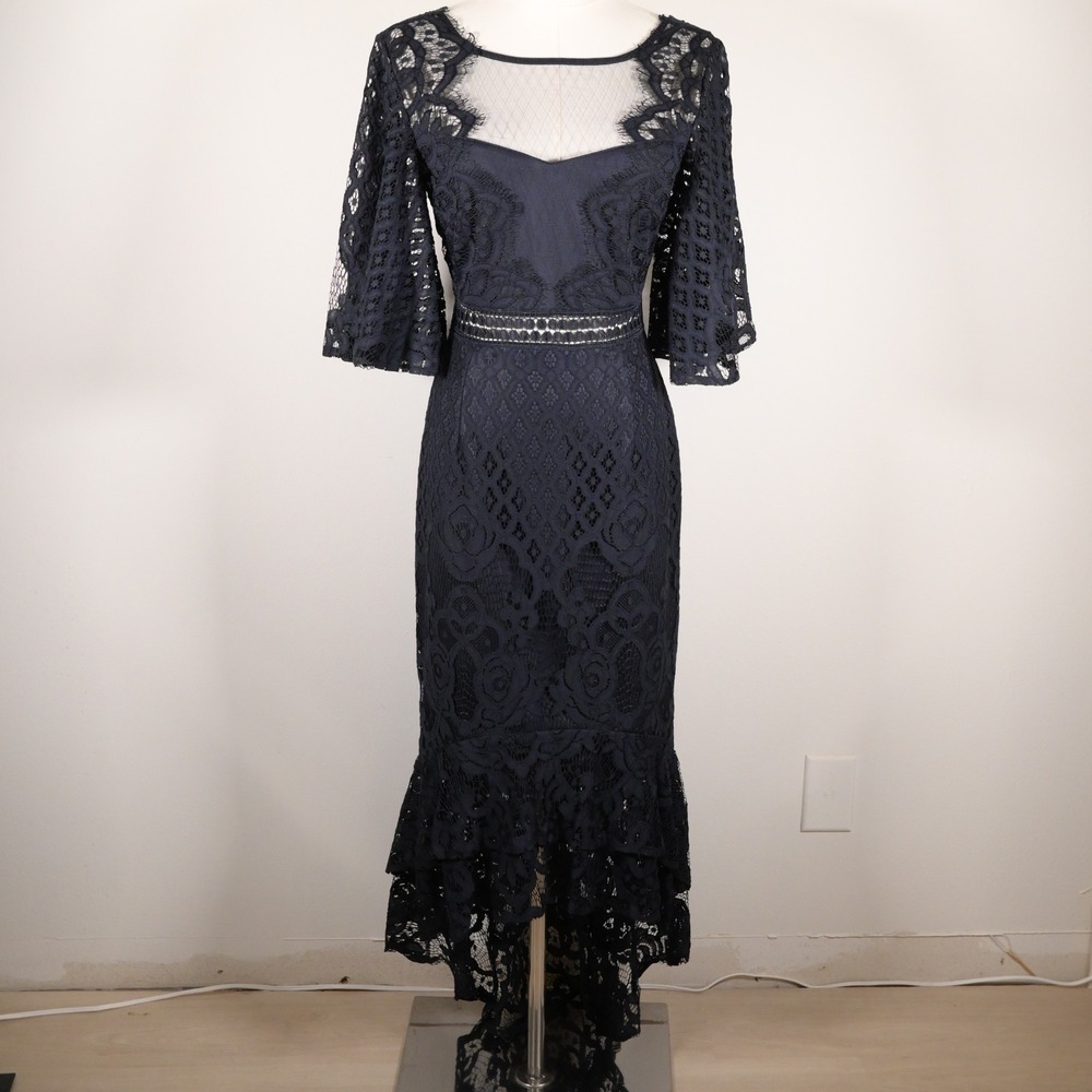 Navy Blue Floral Lace High-Low Midi Dress Bell Sleeves Size 4